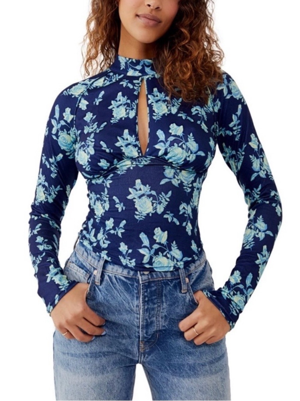 Free People Dinner Party Floral Boho Knit Top Keyhole Buttons Navy SZ XS